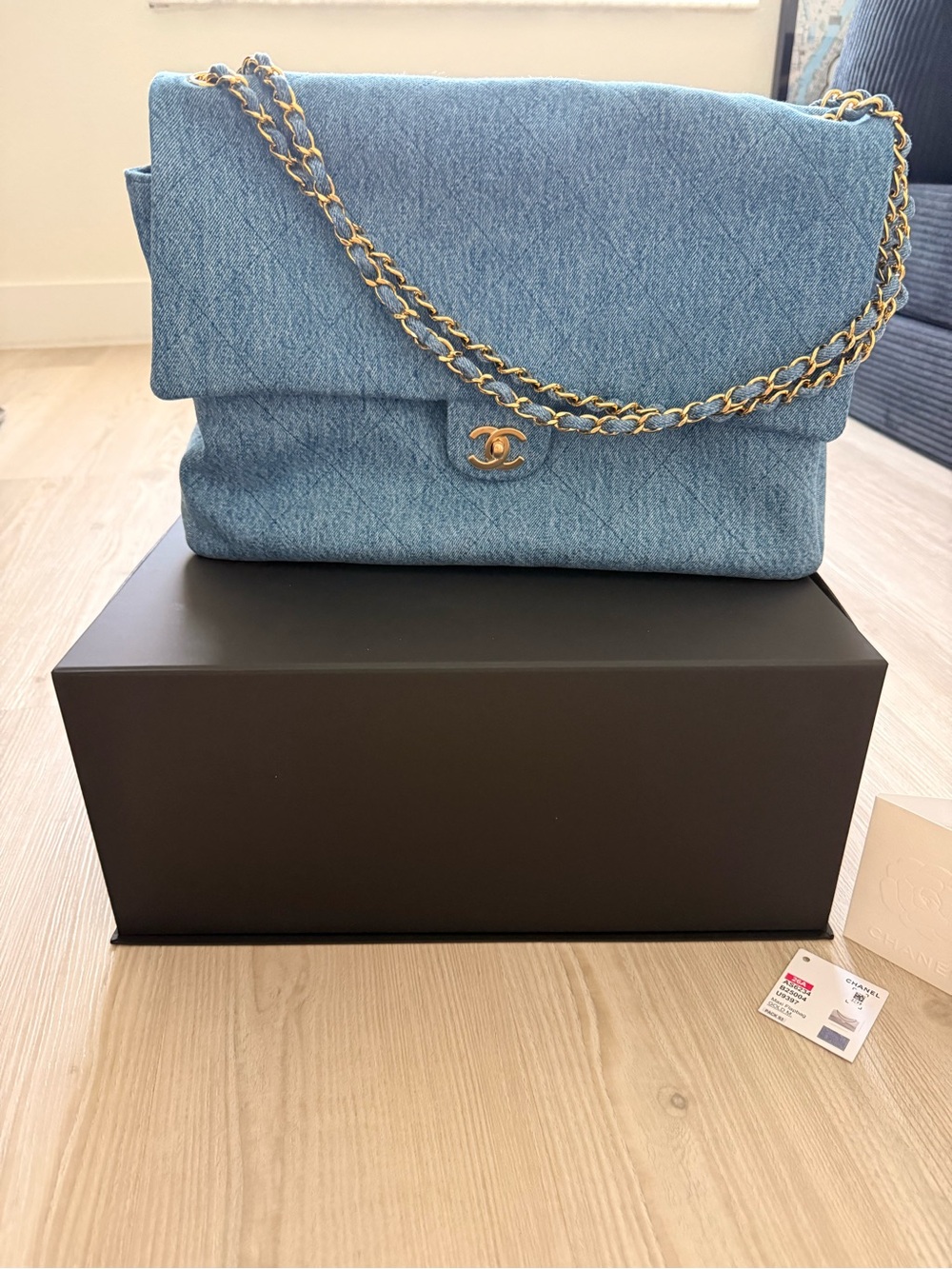 CHANEL Maxi Flapbag Light Blue Denim Quilted Flap Shoulder Bag with Gold Chain